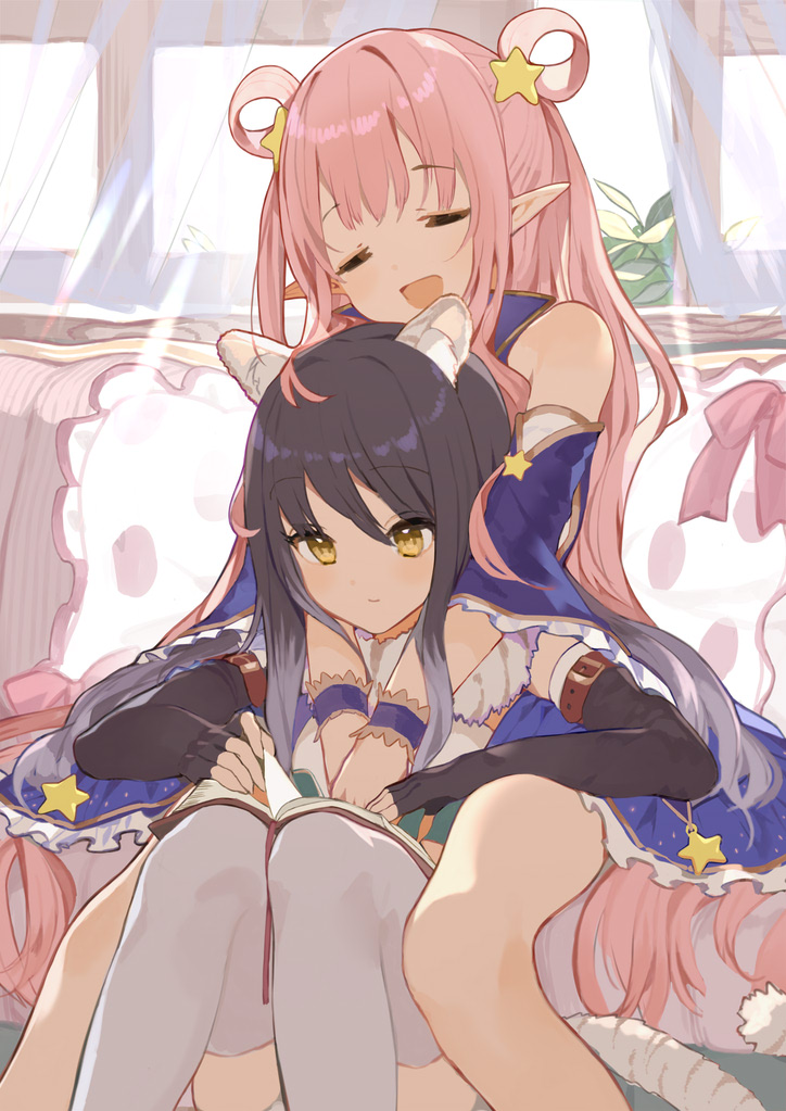 2girls, animal_ears, breasts, hatsune_(princess_connect!), hug, large_breasts, long_hair, mizopost