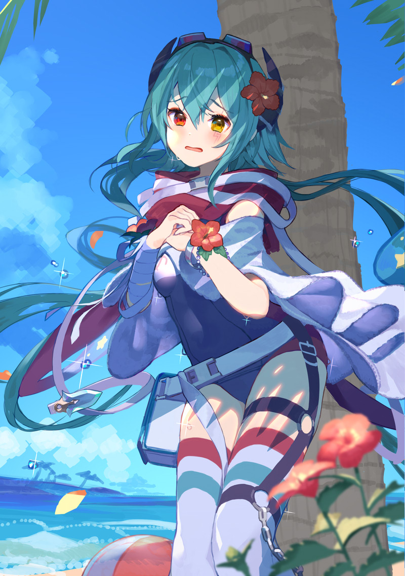 1girl, anna_(princess_connect!), blush, green_hair, long_hair, looking_at_viewer, mizopost, multicolored_eyes