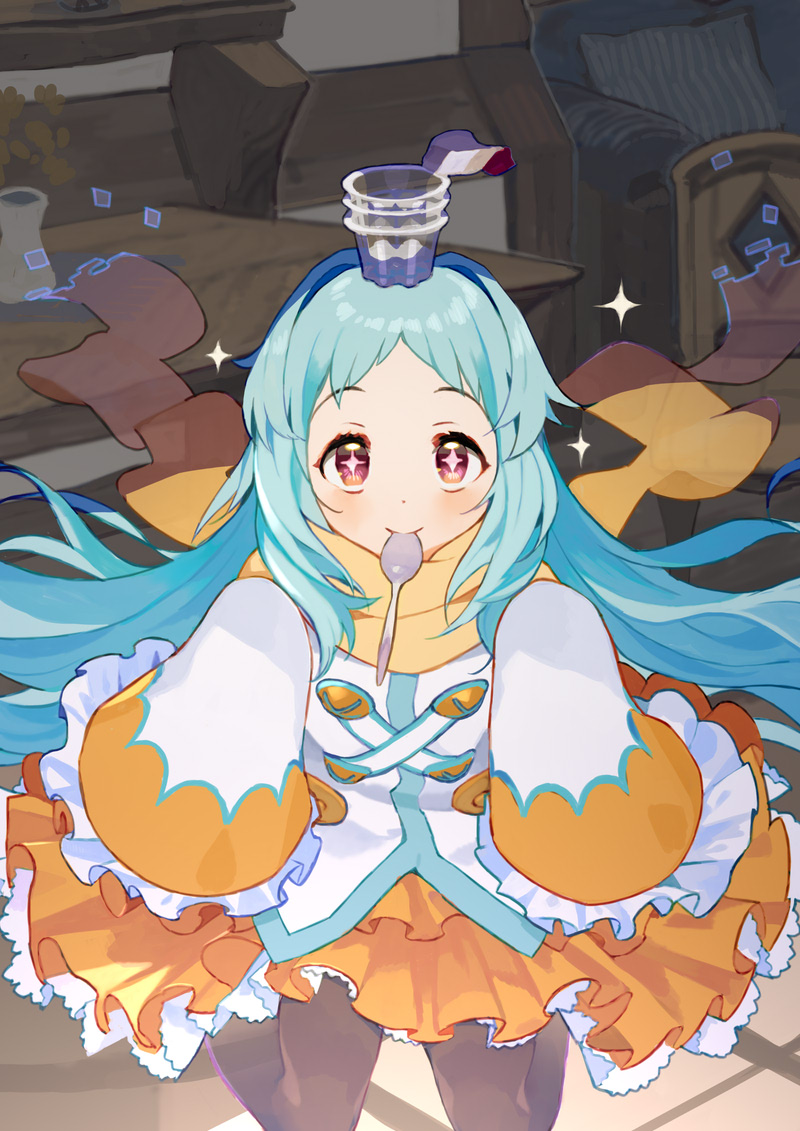 1girl, black_legwear, blue_hair, blush, long_hair, looking_at_viewer, miyako_(princess_connect!), mizopost