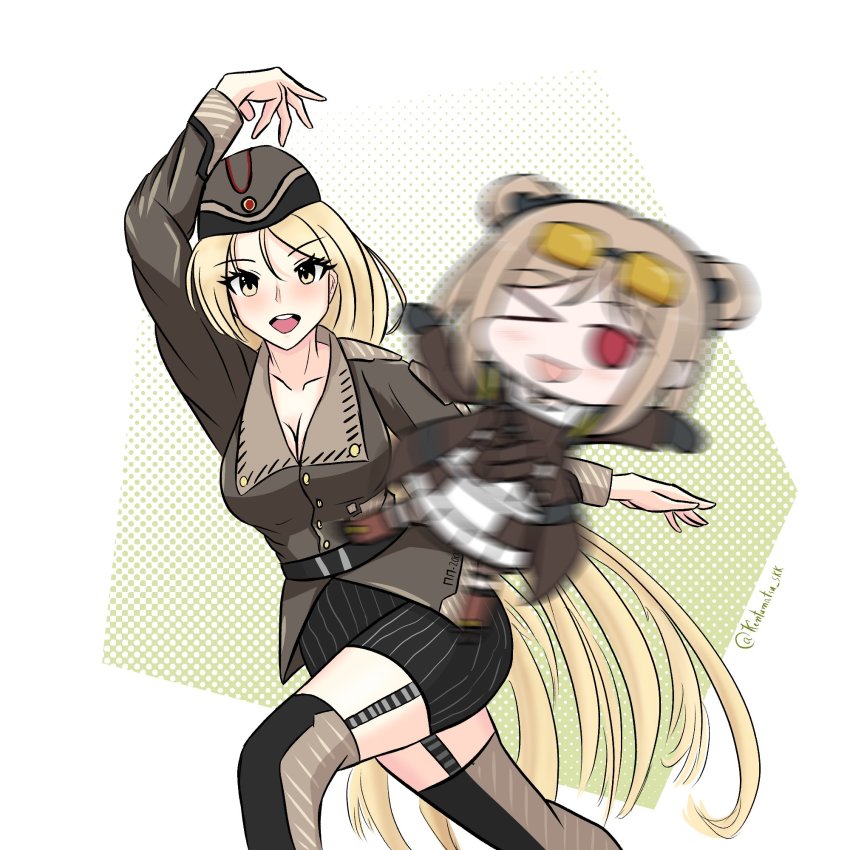 1girl, anime_girl_throwing_things_(meme), belt, black_skirt, blonde_hair, blush, breasts, brown_hat