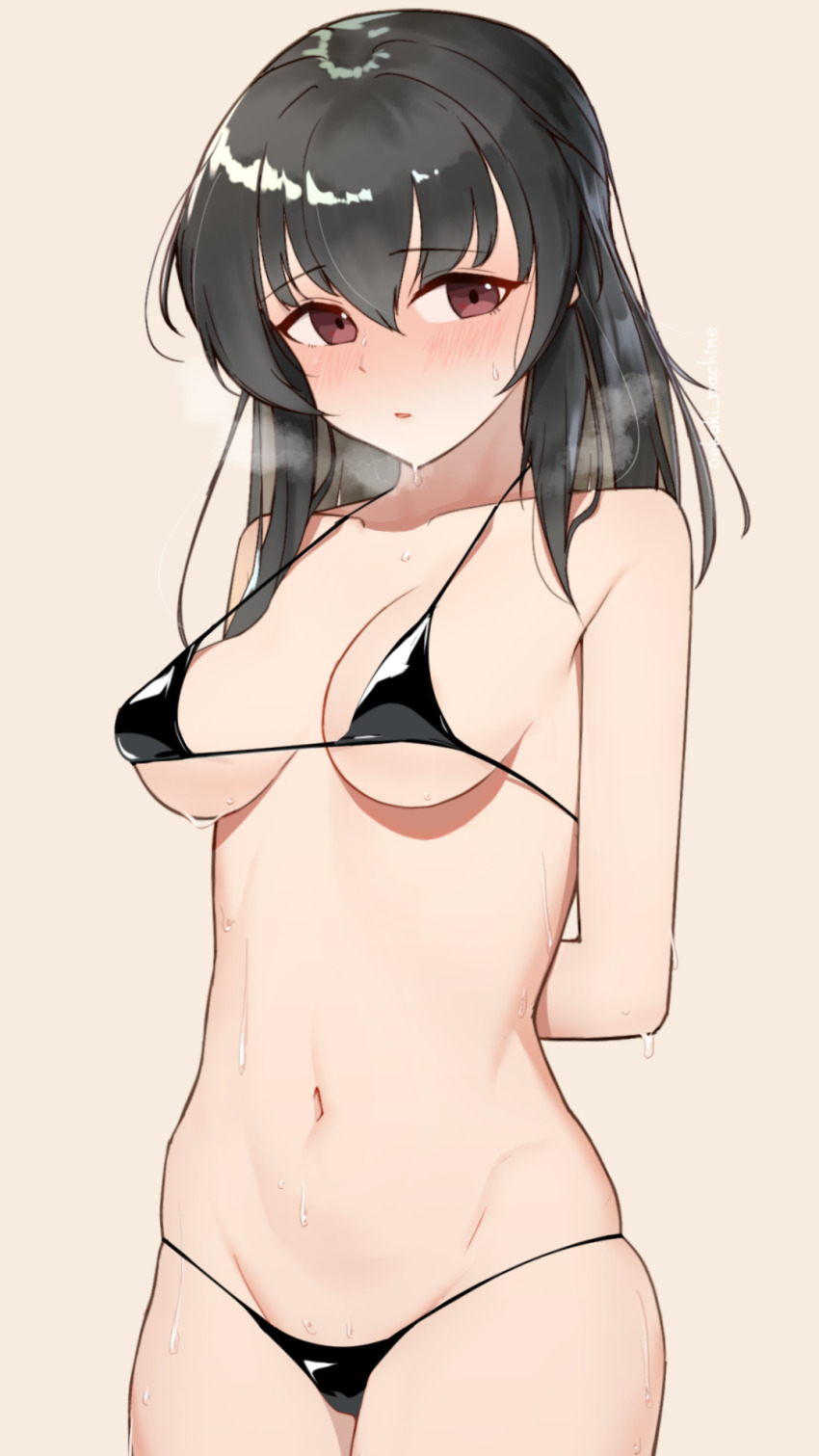 1girl, arms_behind_back, bare_arms, bare_shoulders, bikini, black_bikini, black_hair, blush