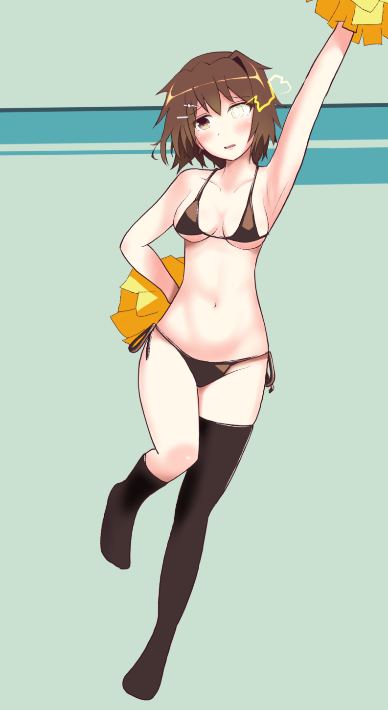 1girl, asymmetrical_legwear, bikini, black_bikini, black_thighhighs, breasts, brown_eyes, brown_hair, furutaka_(kancolle), glowing, glowing_eye, hair_ornament, hairclip, heterochromia, highres, holding, holding_pom_poms, kantai_collection, medium_breasts, mismatched_legwear, navel, pom_pom_(cheerleading), pom_poms, short_hair, side-tie_bikini_bottom, single_thighhigh, socks, solo, swimsuit, thighhighs, uneven_legwear, y_ko-nu_t, yellow_eyes