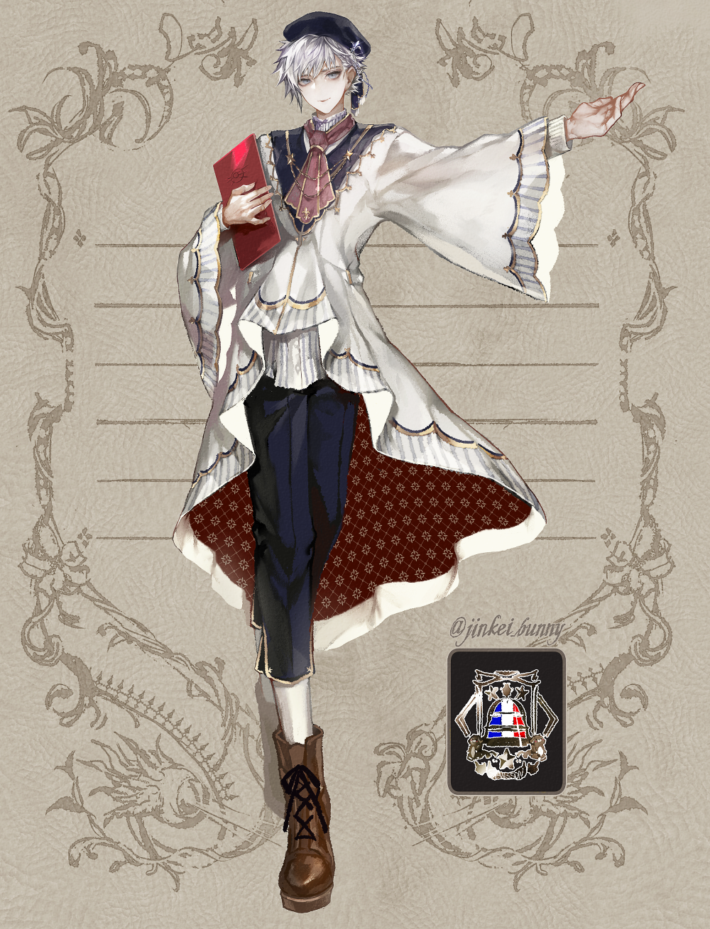 1boy, alternate_costume, blue_eyes, blue_pants, boots, brown_boots, charles-henri_sanson_(angel_breath)_(fate), charles-henri_sanson_(fate), closed_mouth, fate/grand_order, fate_(series), hair_between_eyes, hat, highres, holding, jinkei, long_sleeves, looking_at_viewer, male_focus, pants, short_hair, smile, solo, white_hair