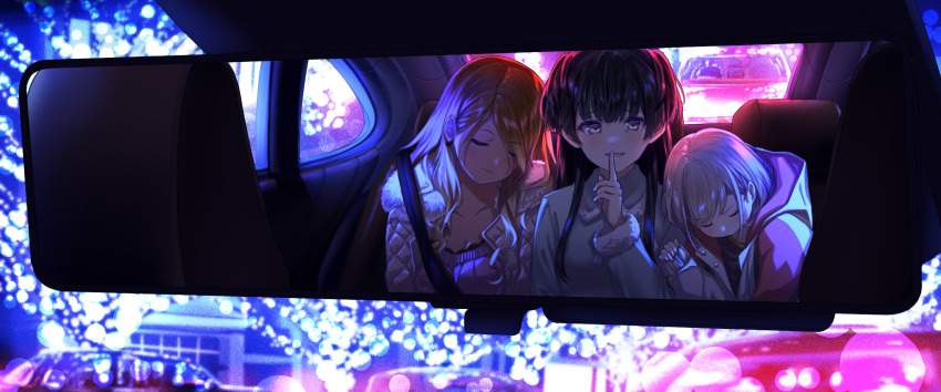 3girls, black_hair, blurry, bokeh, car_interior, coat, depth_of_field, finger_to_mouth
