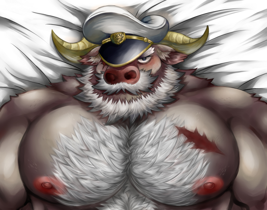 1boy, absurdres, ahab_(housamo), animal_ears, bara, beard, blush, brown_hair