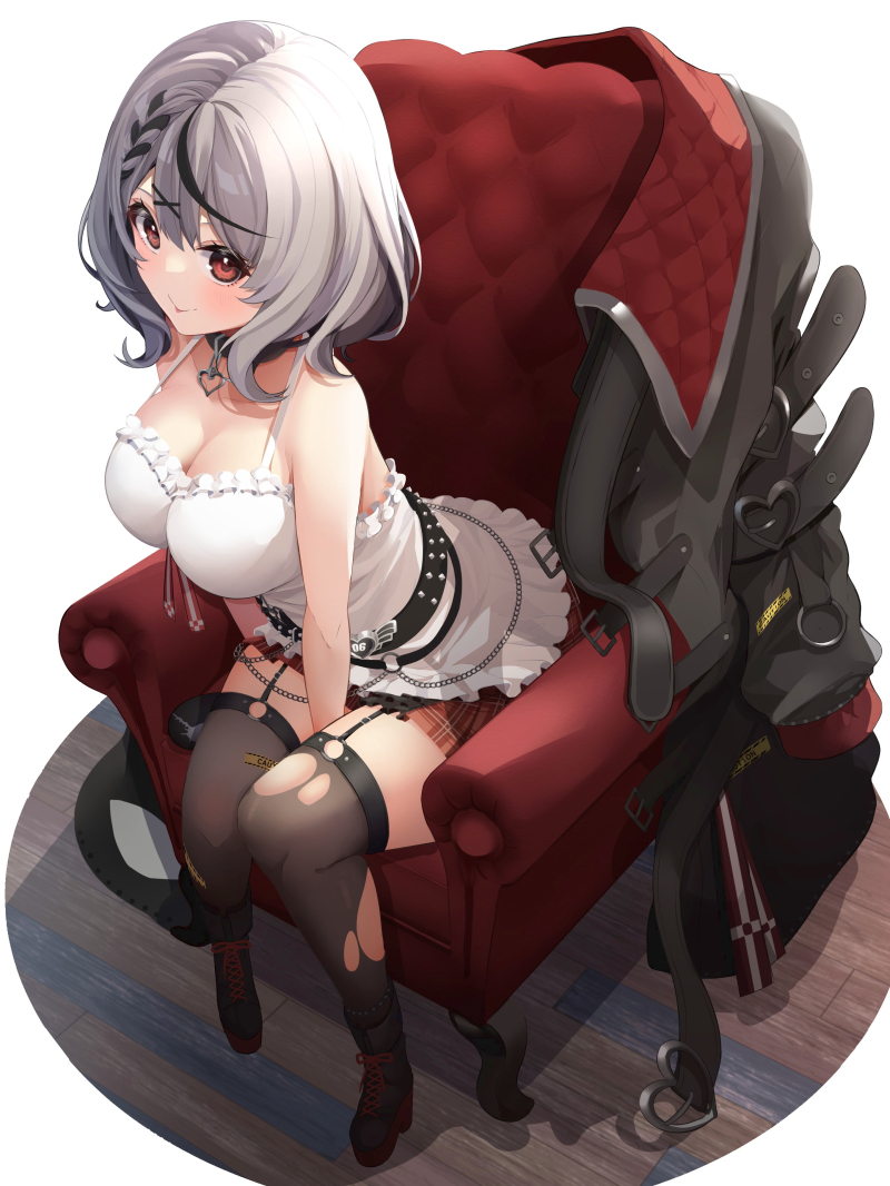 1girl, armchair, bare_arms, bare_shoulders, black_boots, black_collar, black_hair, black_jacket