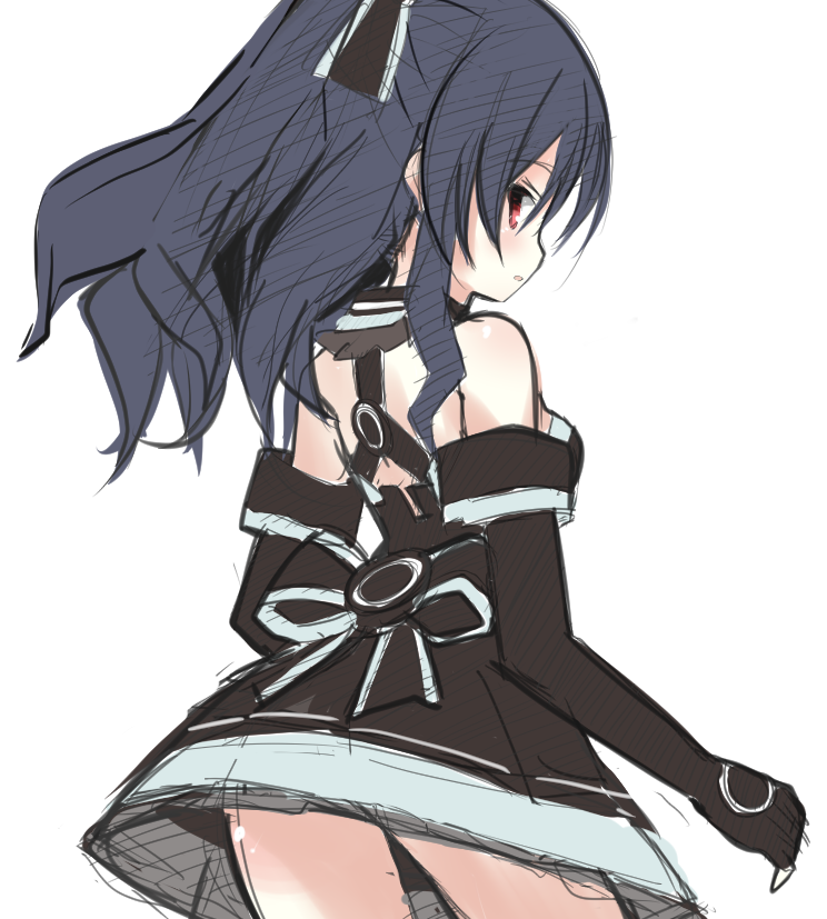 back, back_muscles, bare_shoulders, black_hair, dress, eijirou02, frown, gloves