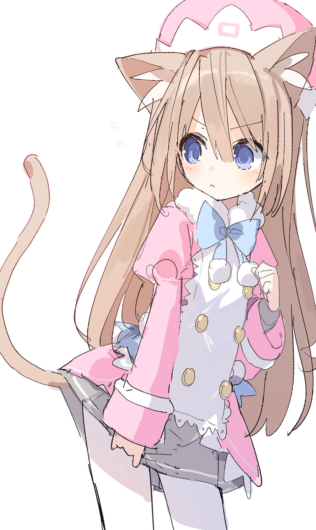 animal_ears, baby_animal, blue_eyes, breasts, brown_hair, buran_buta, cat, cat_ears, cat_tail, coat, frown, hair_between_eyes, hat, highres, kitten, leggings, long_hair, neptune_(series), nepune_(series), pink_coat, pink_hat, ram_(neptunia), ribbon, simple_background, skeeves, skirt, small_breasts, solo, surprised, tail, very_long_hair, white_background