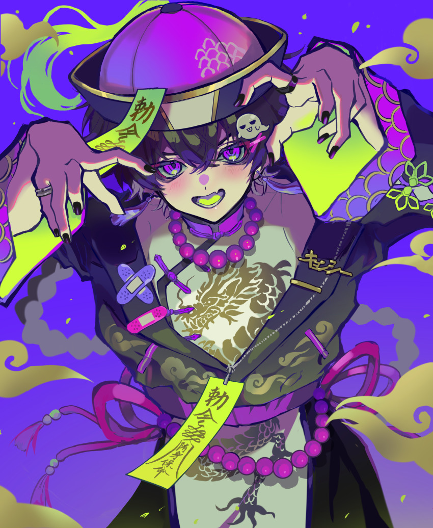 1boy, absurdres, bead_necklace, beads, black_hair, chinese_clothes, haru4aki, hat