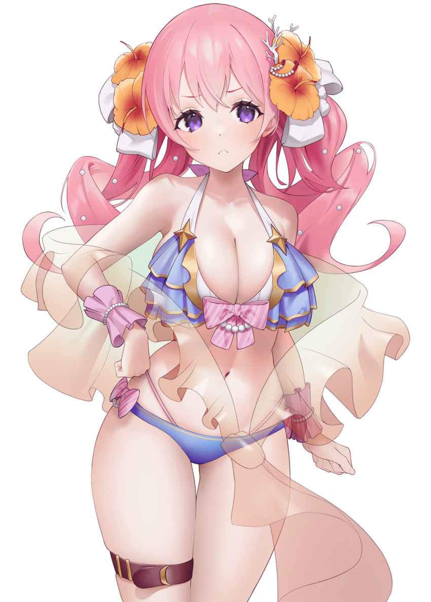 1girl, aya_(lezon), bare_shoulders, bikini, blue_bikini, breasts, cleavage, closed_mouth, cowboy_shot, flower, hair_flower, hair_ornament, hair_ribbon, halterneck, hand_on_own_hip, highres, large_breasts, long_hair, looking_at_viewer, navel, orange_flower, parted_lips, pink_hair, princess_connect!, ribbon, simple_background, solo, standing, stomach, swimsuit, thigh_strap, tsumugi_(princess_connect!), tsumugi_(summer)_(princess_connect!), white_background, white_ribbon, wrist_cuffs