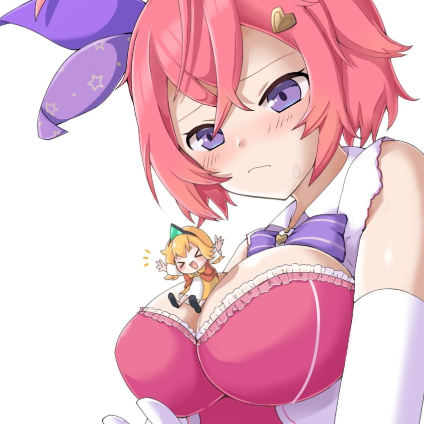 2girls, bare_shoulders, blonde_hair, blush, breasts, crossed_bangs, guardian_tales, hair_ornament