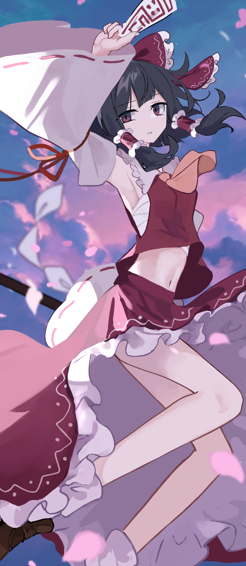 1girl, :|, absurdres, arm_up, armpits, ascot, between_fingers, blunt_bangs