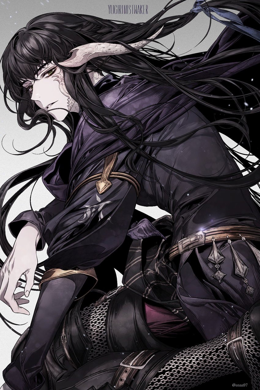 1girl, armor, au_ra, belt, black_hair, blue_ribbon, braid, chainmail