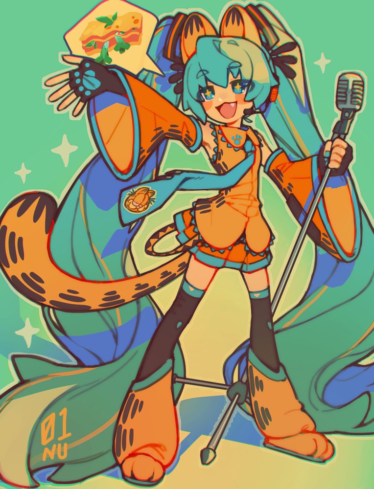 01nu, 1girl, :3, absurdly_long_hair, animal_ears, aqua_hair, arm_up, artist_name, bare_shoulders, black_gloves, blue_background, blue_eyes, blue_necktie, blush_stickers, cat_ears, cat_tail, commentary, cosplay, detached_sleeves, english_commentary, eyes_visible_through_hair, fake_animal_ears, fang, fingerless_gloves, food, full_body, garfield, garfield_(character), garfield_(character)_(cosplay), gloves, gradient_background, hatsune_miku, headphones, headset, holding, holding_microphone_stand, lasagne, leg_warmers, long_hair, meme, microphone, microphone_stand, necktie, open_mouth, outstretched_arm, paw_print, pleated_skirt, shirt, simple_background, skirt, sleeveless, smile, solo, sparkle, sparkling_eyes, speech_bubble, spoken_food, standing, tail, thighhighs, twintails, very_long_hair, vocaloid