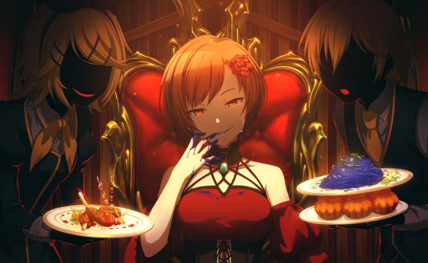 akujiki_musume_conchita_(vocaloid), arte_(evillious_nendaiki), artist_request, banica_conchita, bare_shoulders, blonde_hair, brown_hair, cannibalism, crying, crying_with_eyes_open, detached_sleeves, evillious_nendaiki, faceless, flower, food, hair_flower, hair_ornament, highres, kagamine_len, kagamine_rin, meiko_(vocaloid), official_art, plate, pollo_(evillious_nendaiki), project_sekai, red_eyes, smile, solo_focus, tears, vocaloid