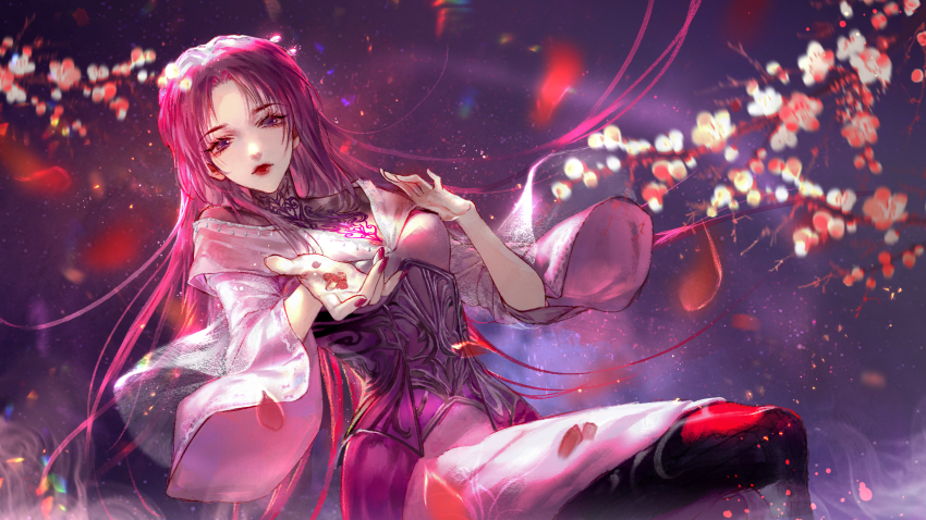 1girl, china_dress, chinese_clothes, dress, expressionless, highres, long_hair, looking_at_viewer, needle, purple_eyes, purple_hair, qinshi_mingyue, thighhighs, zi_nu_(qin_shi_ming_yue), zi_nu_zhuye_jun