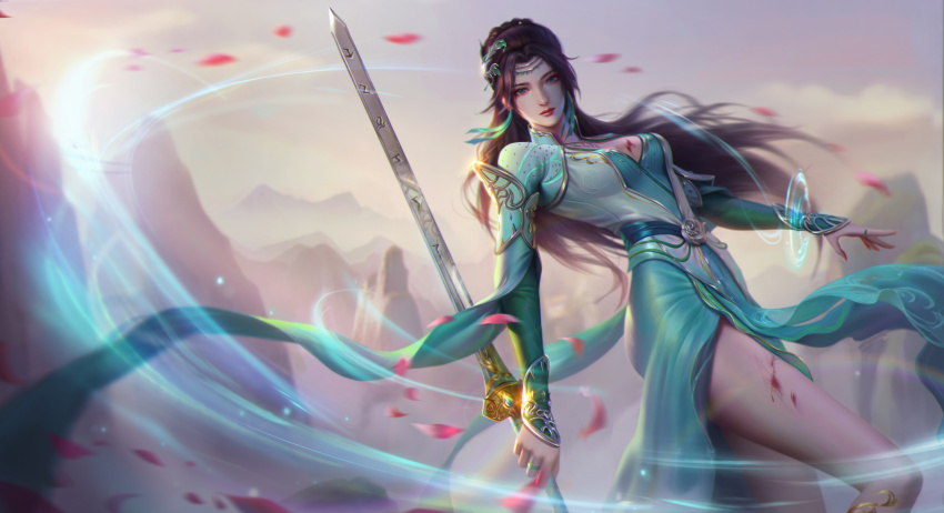 1girl, absurdres, bare_legs, blood, breasts, china_dress, chinese_clothes, cleavage, doupo_cangqiong, dress, green_dress, highres, legs, mountain, reverse_grip, sword, weapon, yun_yun_(doupo_cangqiong), yun_yun_guan_bo