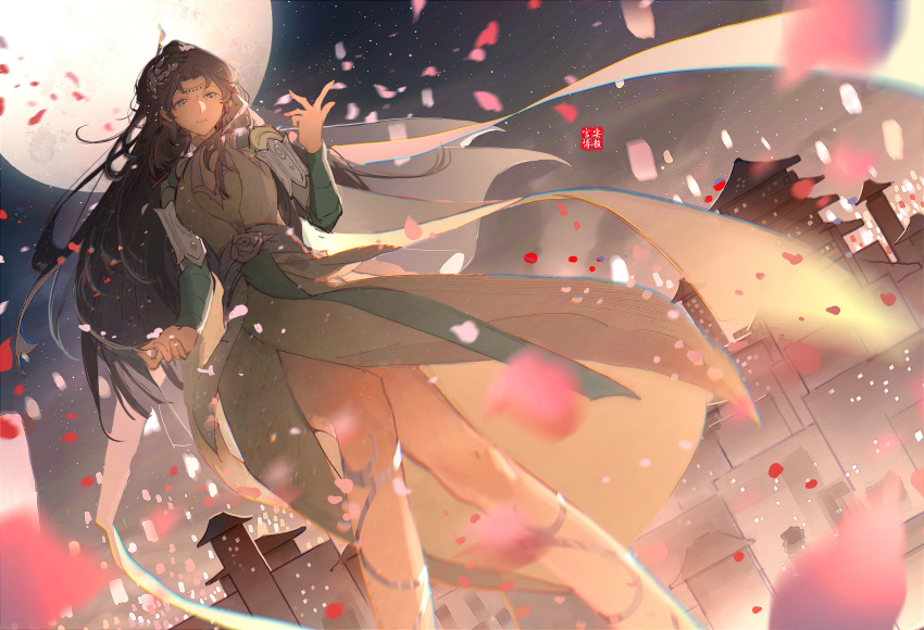 1girl, absurdres, black_hair, china_dress, chinese_clothes, doupo_cangqiong, dress, from_below