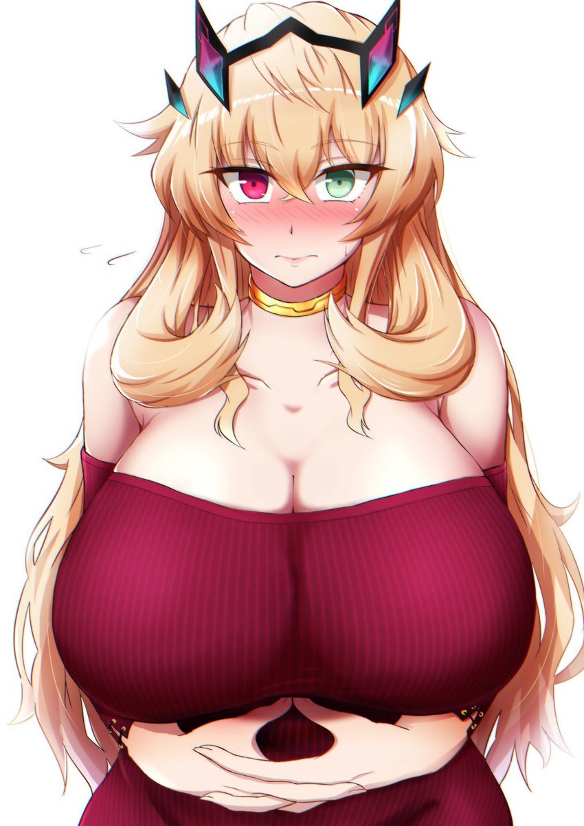 1girl, bare_shoulders, barghest_(fate), barghest_(like_a_lady)_(fate), blonde_hair, blush, breasts, cleavage