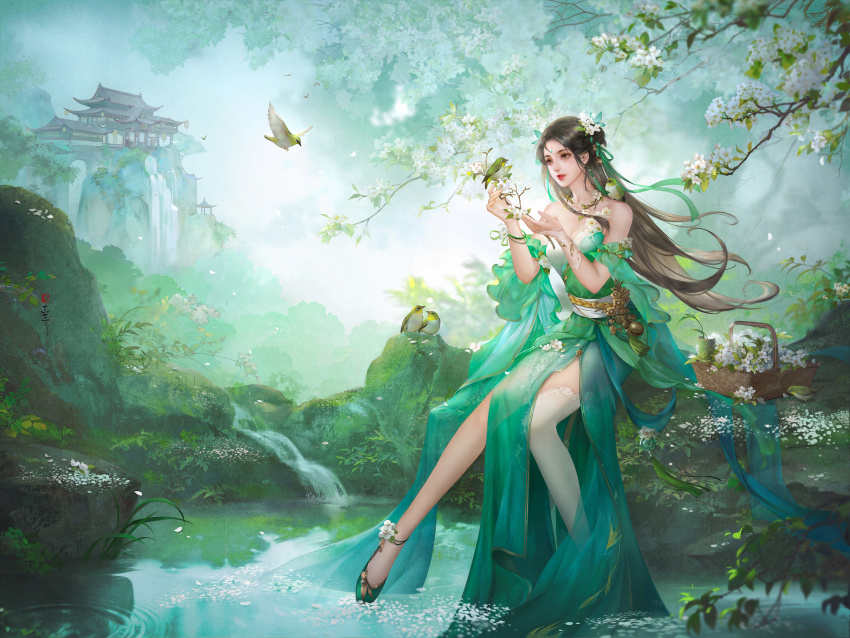 1girl, absurdres, basket, bi_yao_(zhu_xian), bi_yao_zhuye, bird, china_dress, chinese_clothes