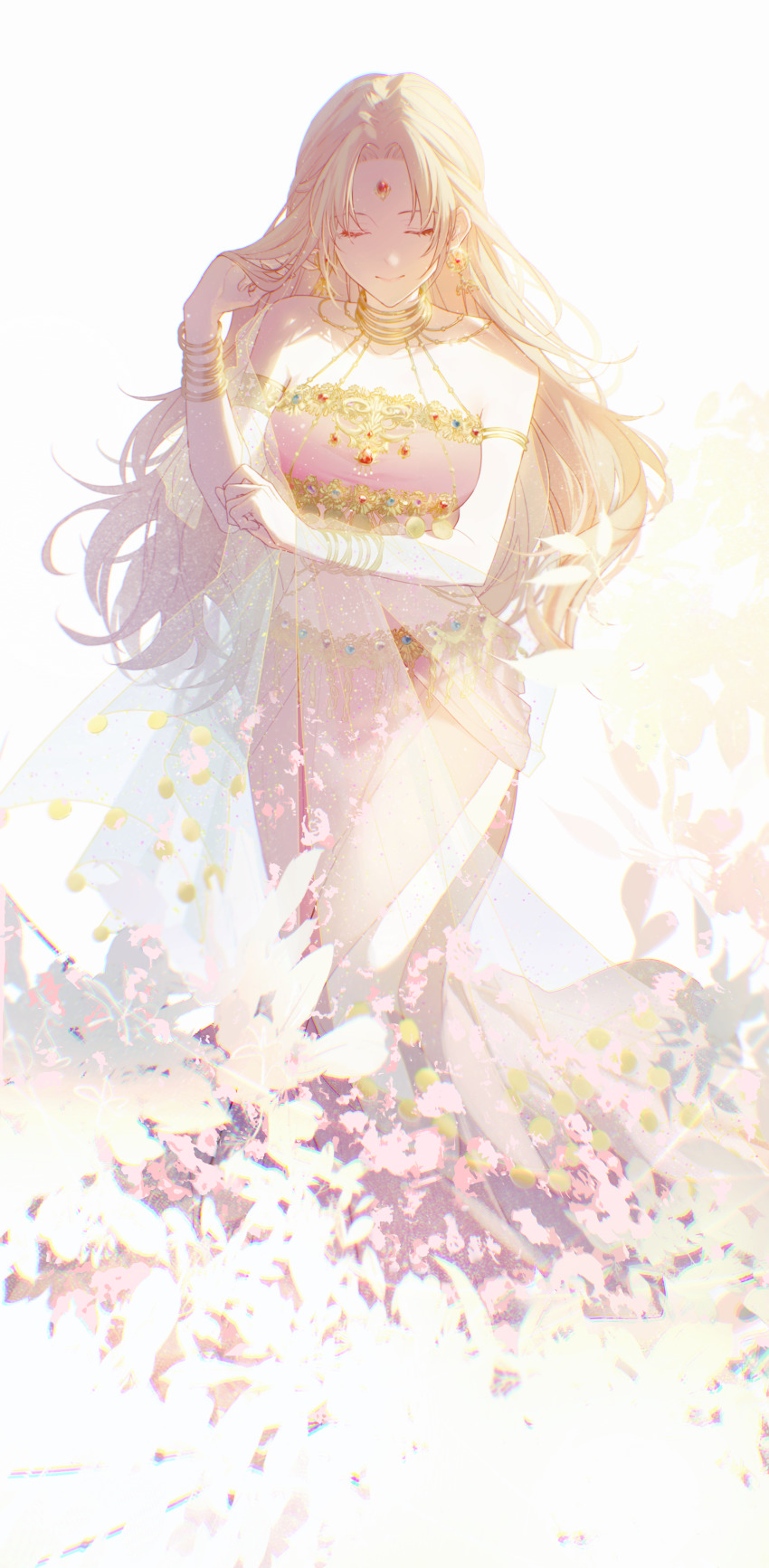 1girl, absurdres, armlet, bangle, bare_shoulders, blonde_hair, bracelet, breasts, closed_eyes, closed_mouth, coin_(ornament), collarbone, dancer, diana_(who_made_me_a_princess), earrings, who_made_me_a_princess, facing_viewer, field, flower, flower_field, gem, glint, hair_flip, hand_up, highres, jewelry, lipstick, long_hair, long_skirt, makeup, midriff, neck_ring, parted_bangs, pink_skirt, red_gem, see-through_clothes, shawl, side_slit, skirt, skirt_set, smile, solo, standing, very_long_hair, white_background, xuanqing0726