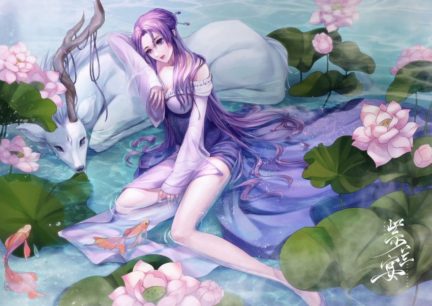 1girl, absurdres, bare_legs, china_dress, chinese_clothes, deer, dress, fish