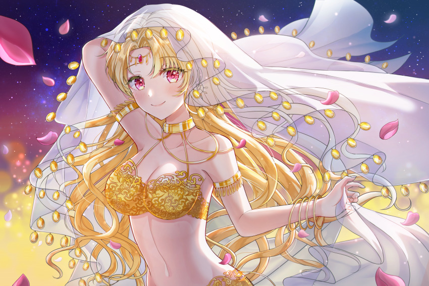 1girl, arm_up, armlet, bare_shoulders, blonde_hair, bracelet, breasts, circlet, cleavage, coin_hair_ornament, dancer, diana_(who_made_me_a_princess), forehead_jewel, fringe_trim, gem, gradient_background, hair_ornament, harem_outfit, highres, jewelry, lace_trim, large_breasts, long_hair, looking_at_viewer, medium_breasts, midriff, navel, neck_ring, night, outstretched_hand, parted_bangs, petals, red_eyes, red_gem, ronya_(ronya_s2), see-through_clothes, sky, smile, solo, star_(sky), upper_body, veil, very_long_hair, who_made_me_a_princess