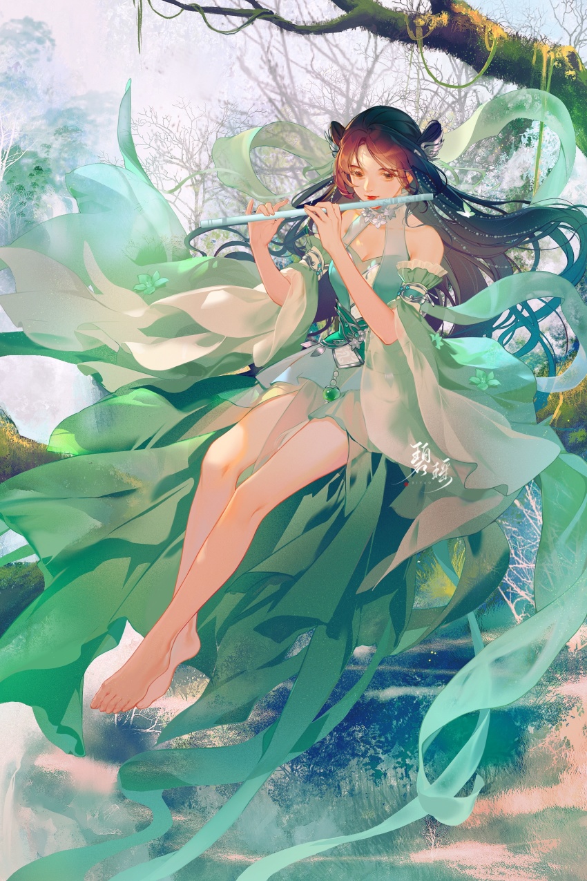 1girl, absurdres, bare_legs, bi_yao_(zhu_xian), bi_yao_zhuye, branch, china_dress, chinese_clothes