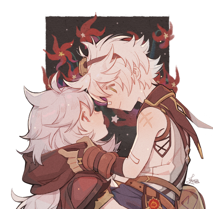 2boys, bandaid, bandaid_on_face, bandaid_on_nose, bare_shoulders, belt, bennett_(genshin_impact), blush, brown_belt, brown_gloves, closed_mouth, eyelashes, flower, genshin_impact, gloves, goggles, goggles_on_head, grey_hair, highres, light_blush, long_hair, looking_at_another, messy_hair, multiple_boys, open_mouth, outside_border, razor_(genshin_impact), red_eyes, red_flower, scar, scarf, shirt, short_hair, shuangfeng, signature, sleeveless, sleeveless_shirt, smile, star_(symbol), utility_belt, vision_(genshin_impact), white_hair, white_shirt, yaoi