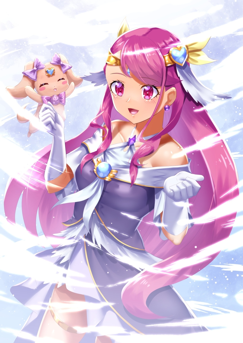 1girl, absurdres, alternate_costume, breasts, brooch, cosplay, cowboy_shot, criss-cross_halter, cure_earth, cure_earth_(cosplay), cure_grace, curecycadura, dog, dress, earrings, elbow_gloves, feathers, gloves, hair_between_eyes, halterneck, hanadera_nodoka, healin'_good_precure, healing_animal, highres, jewelry, latte_(precure), long_hair, magical_girl, medium_breasts, open_mouth, pink_eyes, pink_hair, precure, purple_background, purple_dress, smile, solo, star_(symbol), star_symbol_background, tiara, white_gloves, wind, wings
