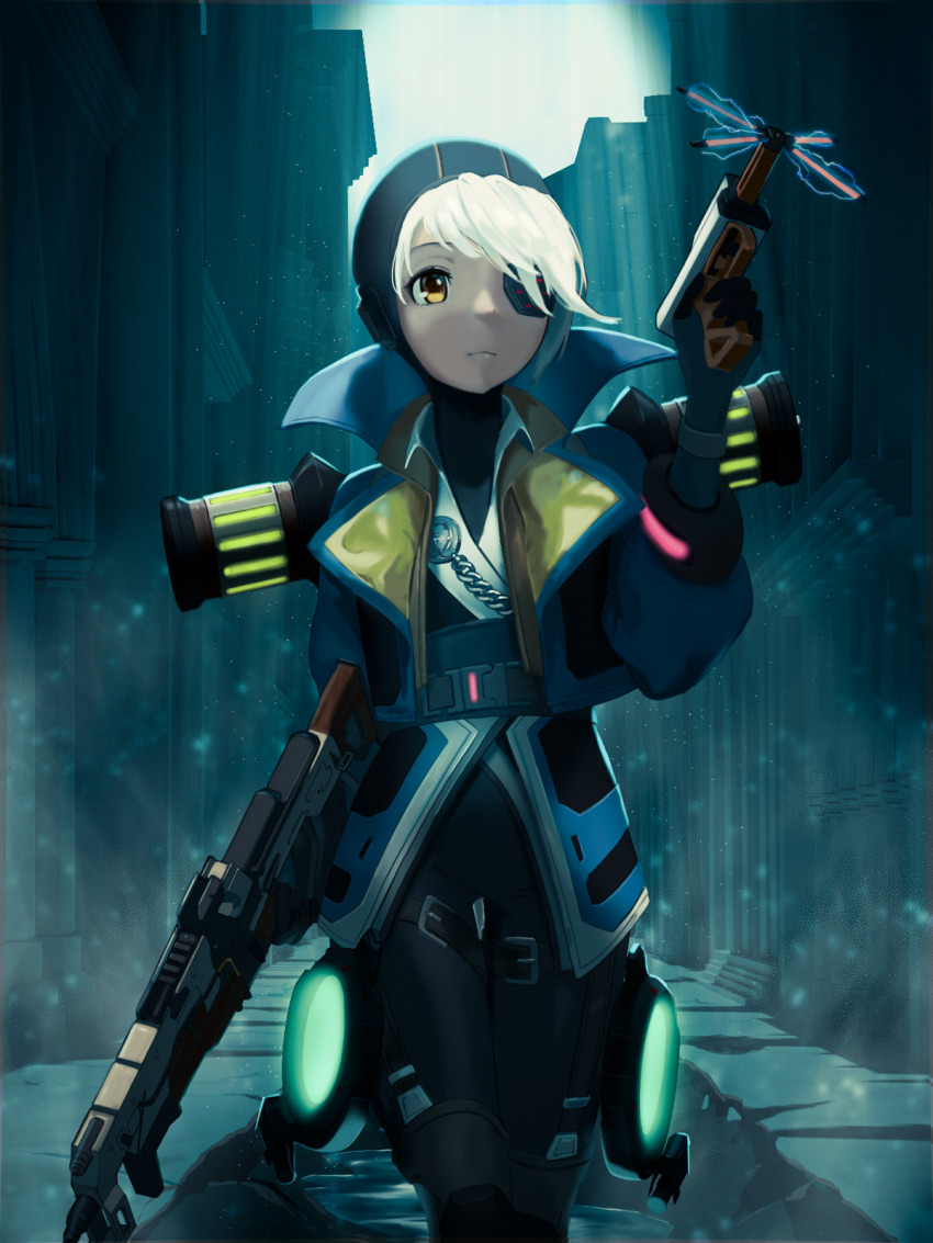 1girl, animification, apex_legends, assault_rifle, black_bodysuit, black_headwear, blue_jacket, bodysuit
