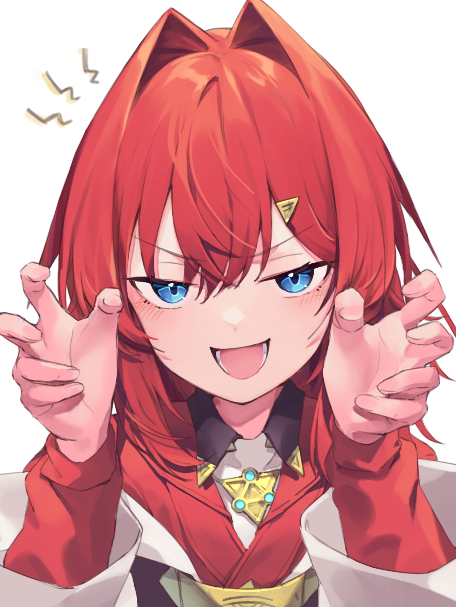 1girl, ange_katrina, ange_katrina_(1st_costume), blue_eyes, hair_intakes, hair_ornament, hairclip, jacket