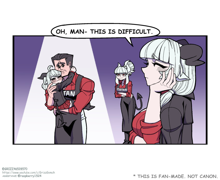 1boy, 3girls, ahoge, animal_ears, apron, baphomet_(grizz), black_apron, black_hair