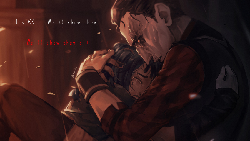 1boy, 1girl, absurdres, arcane:_league_of_legends, black_sclera, blurry, blurry_background, brown_background