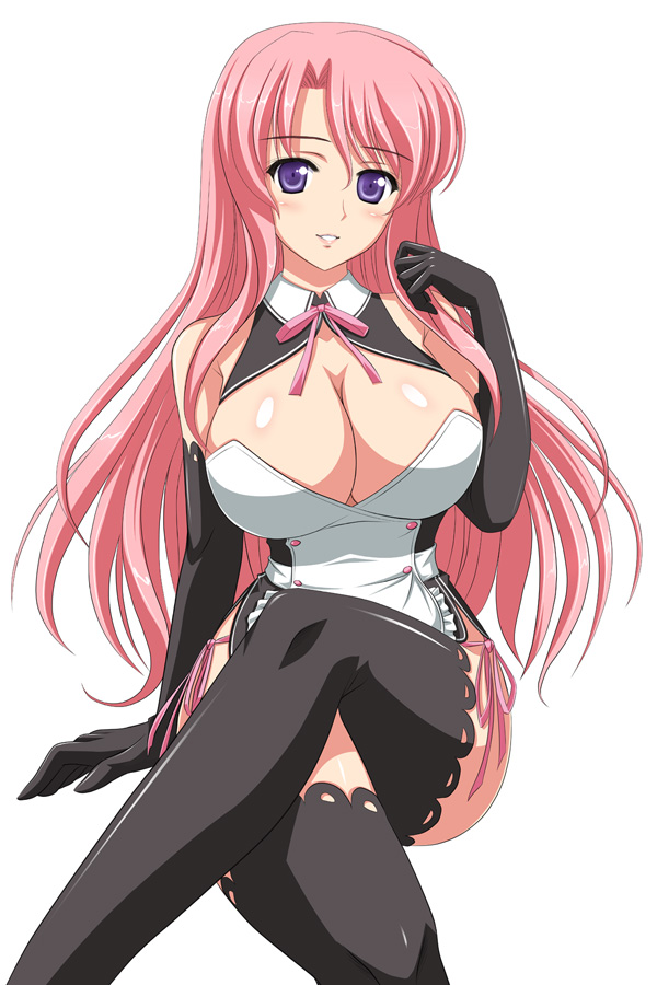 1girl, bare_shoulders, breasts, cleavage, crossed_legs, dream_c_club, dream_c_club_(series), elbow_gloves, female_focus, gloves, kishi_nisen, large_breasts, long_hair, panties, pink_hair, purple_eyes, rui_(dream_c_club), side-tie_panties, sitting, solo, thighhighs, underwear, waitress