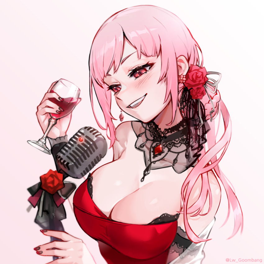 1girl, alcohol, blush, breasts, cleavage, cup, detached_collar, dress