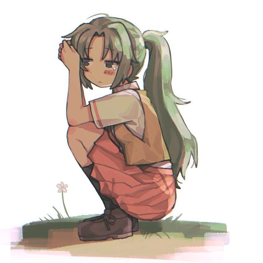 1girl, blush, brown_footwear, closed_mouth, expressionless, full_body, green_eyes, green_hair