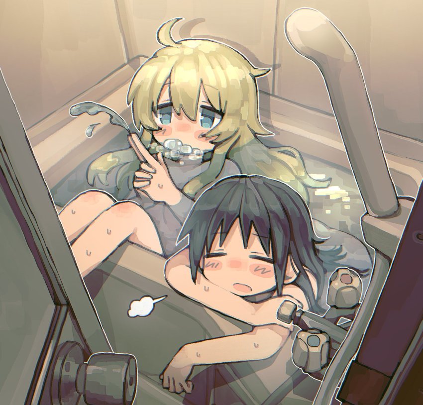 2girls, bathing, bathroom, bathtub, black_hair, blonde_hair, blue_eyes, bubble, chito_(shoujo_shuumatsu_ryokou), closed_eyes, door, doorknob, facing_away, highres, looking_away, multiple_girls, nude, open_mouth, rnfhv, shoujo_shuumatsu_ryokou, yuuri_(shoujo_shuumatsu_ryokou)