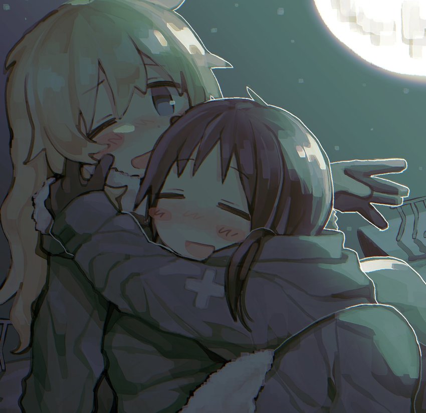 2girls, black_gloves, black_hair, blonde_hair, blue_eyes, blush, chito_(shoujo_shuumatsu_ryokou), coat, closed_eyes, gloves, green_coat, highres, long_hair, long_sleeves, looking_at_viewer, moon, multiple_girls, night, one_eye_closed, open_mouth, outdoors, rnfhv, shoujo_shuumatsu_ryokou, smile, yuuri_(shoujo_shuumatsu_ryokou)