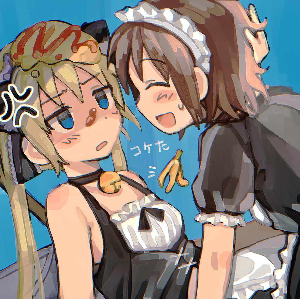 2girls, alternate_costume, anger_vein, annoyed, banana, bell, black_ribbon, blonde_hair