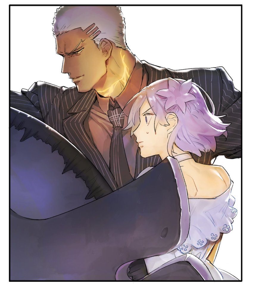 bare_shoulders, collared_shirt, dareka_25, dark-skinned_male, dark_skin, dress, emiya_alter, emiya_alter_(formal_dress), fate/grand_order, fate_(series), formal_clothes, highres, holding, light_purple_hair, mash_kyrielight, mash_kyrielight_(formal_dress), necktie, official_alternate_costume, pinstripe_pattern, pinstripe_suit, purple_eyes, purple_hair, red_shirt, shield, shirt, short_hair, striped_clothes, striped_necktie, suit, very_short_hair, white_hair, yellow_eyes