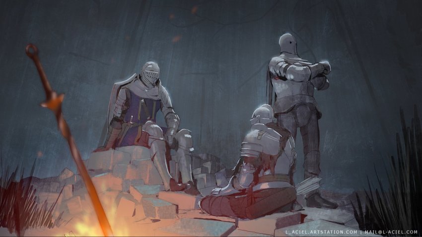 3others, armor, arrow_(projectile), artist_name, bonfire, breastplate, crossed_arms, dagger