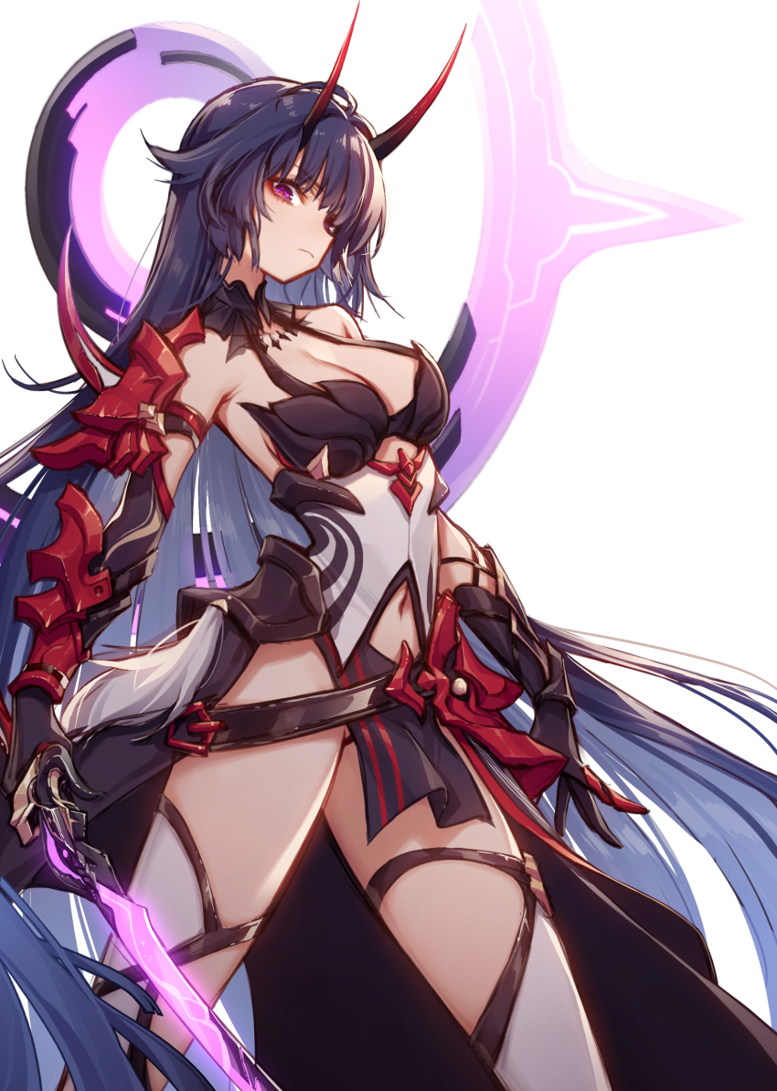 1girl, black_gloves, breasts, cleavage, closed_mouth, de_da_xianyu, gauntlets, gloves