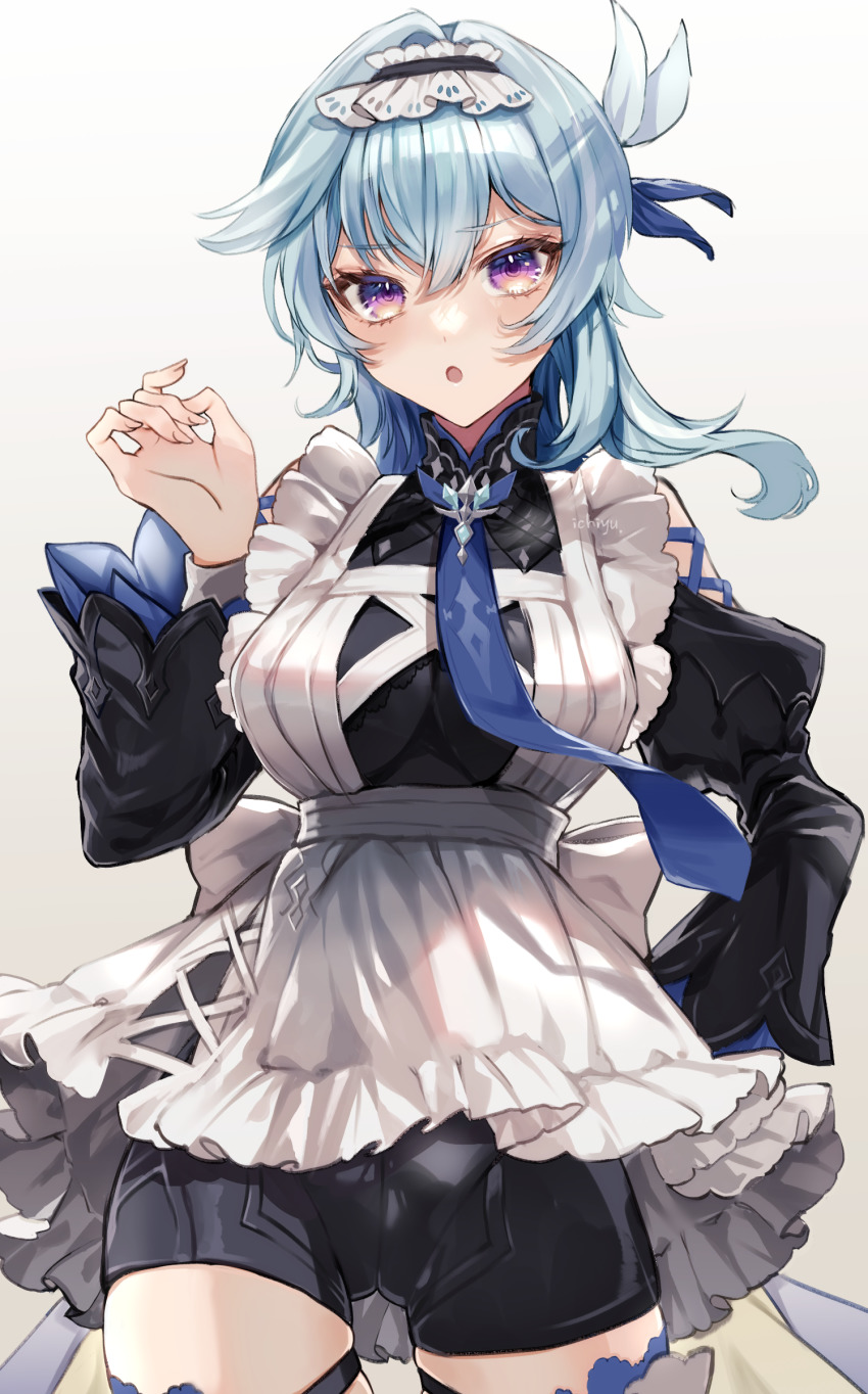 1girl, absurdres, apron, blue_hair, blush, breasts, commentary_request, eula_(genshin_impact)