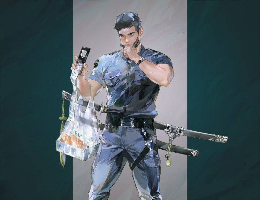 1boy, bag, bara, belt, black_belt, black_hair, blue_pants, brown_eyes