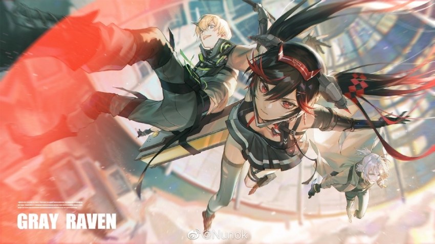 belt, black_hair, blonde_hair, cloud, falling, grey_hair, heterochromia, kamui:_bastion_(pgr)