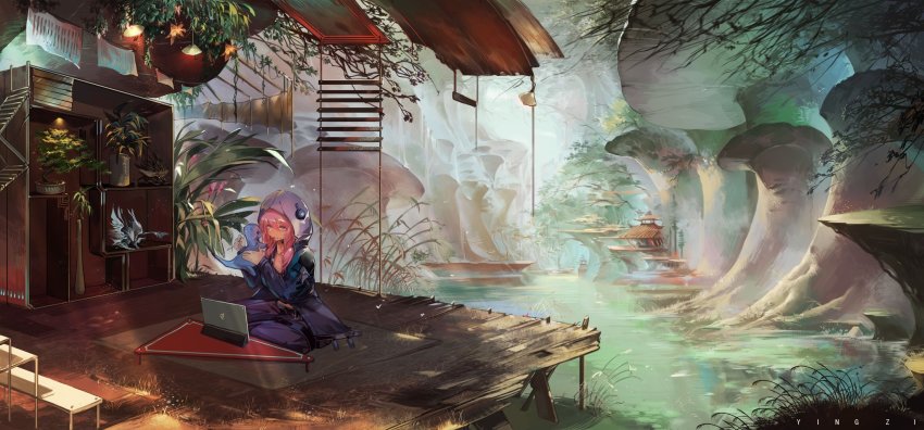 1girl, arknights, artist_name, baseball_bat, blue_eyes, blue_poison_(arknights), bonsai, building