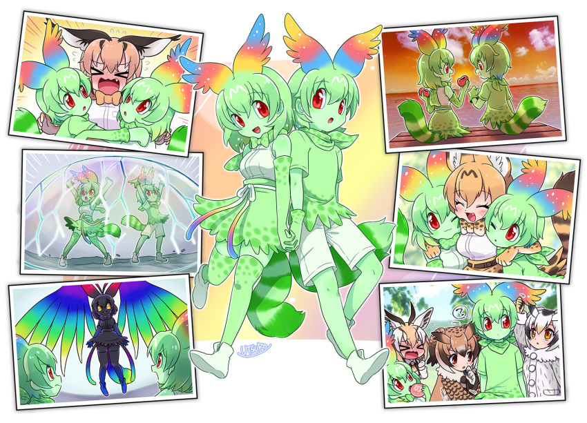 >_<, 1boy, 6+girls, :3, adapted_costume, animal_ears, animal_print, bare_shoulders