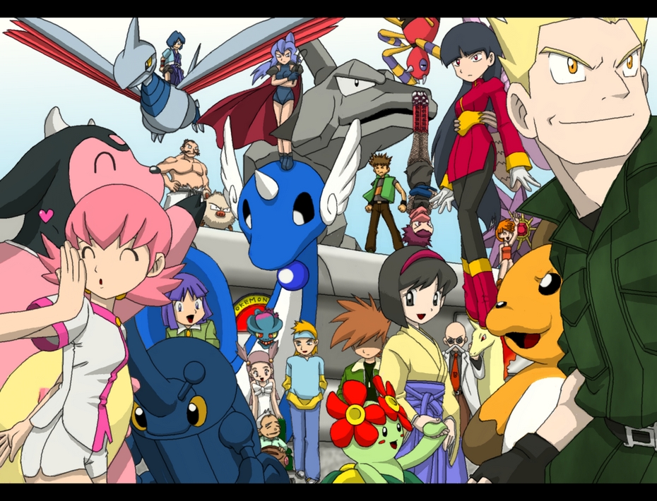 6+boys, 6+girls, ariados, bald, bellossom, belt, black_hair, blaine_(pokemon), blonde_hair, blowing_kiss, blue_hair, blue_oak, brock_(pokemon), brown_hair, bugsy_(pokemon), cape, chuck_(pokemon), clair_(pokemon), crossed_arms, dragonair, dress, erika_(pokemon), everyone, facial_hair, falkner_(pokemon), fishnet_legwear, fishnets, flying, gen_1_pokemon, gen_2_pokemon, grey_hair, gym_leader, hairband, headband, heart, heracross, holding_hands, janine_(pokemon), japanese_clothes, jasmine_(pokemon), kimono, long_hair, military, miltank, misdreavus, misty_(pokemon), morty_(pokemon), mr_eight, multiple_boys, multiple_girls, muscular, mustache, necktie, ninja, nintendo, onix, orange_hair, pantyhose, pink_hair, pokemon, pokemon_(creature), pokemon_adventures, pokemon_special_anime, ponytail, primeape, purple_hair, raichu, rapidash, sabrina_(pokemon), short_hair, short_shorts, short_twintails, shorts, spiked_hair, starmie, sunglasses, lt._surge, thighhighs, twintails, two_side_up, upside-down, venomoth, vest, white_hair, whitney_(pokemon), yamamoto_satoshi