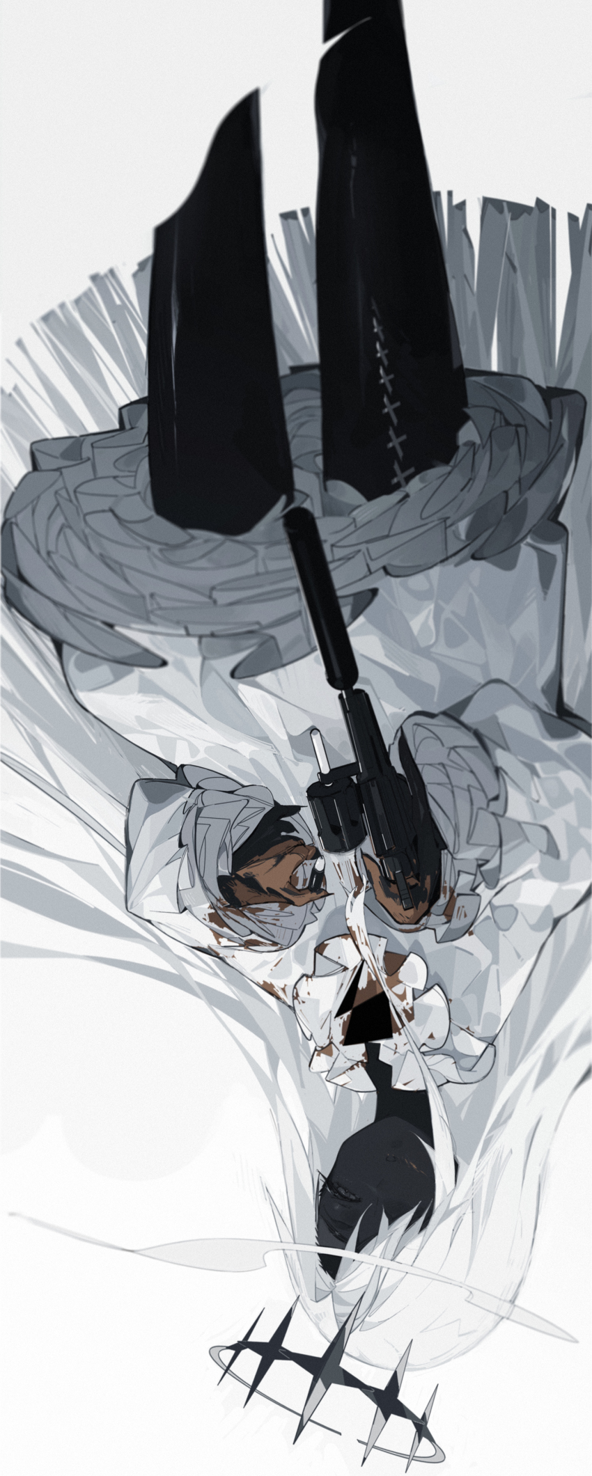 absurdres, black_legwear, black_skin, blood, blood_on_clothes, blood_on_face, blood_on_hands, colored_sclera